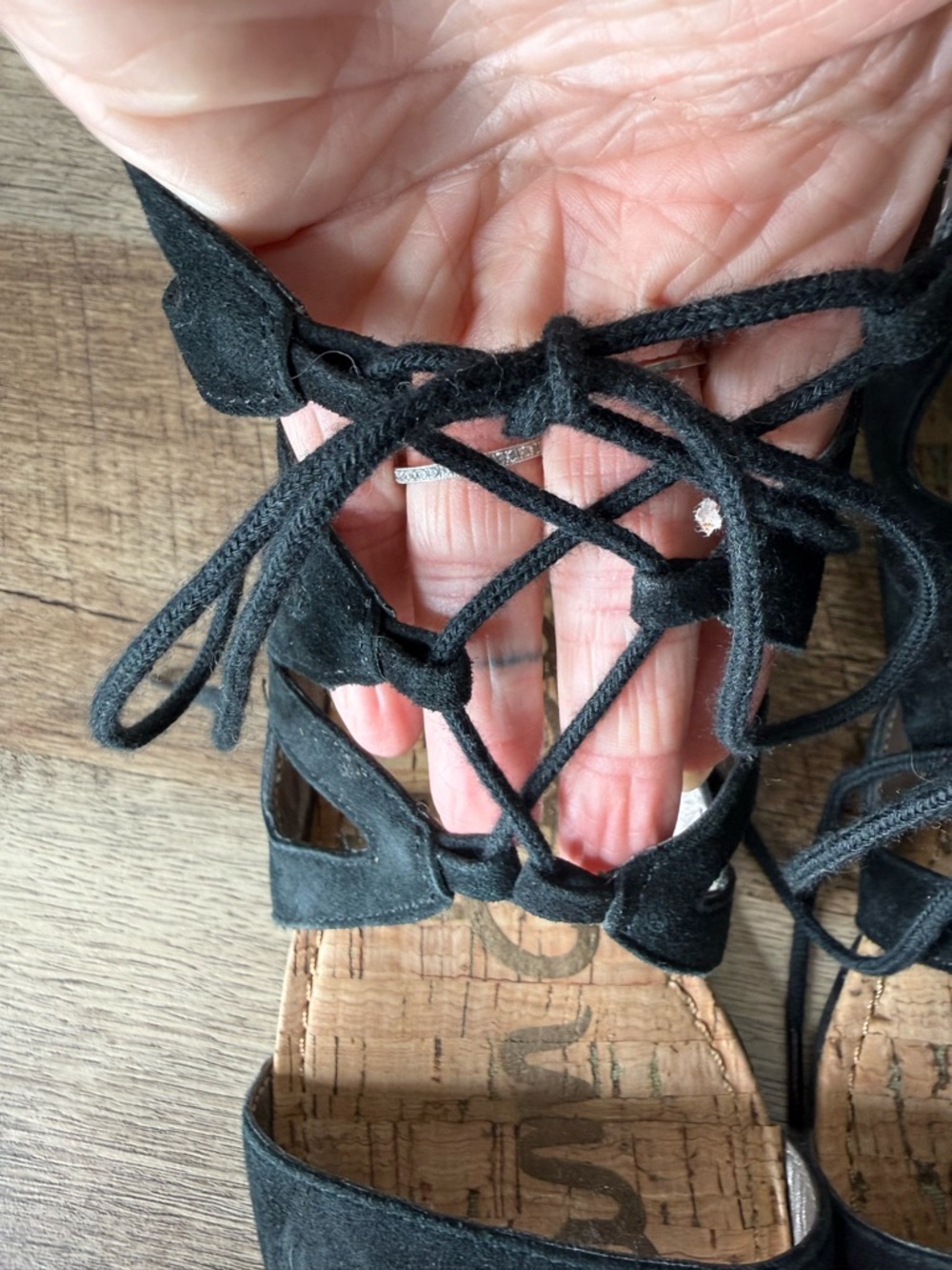 SAM EDELMAN Black Suede Dean Gladiator Sandals Lace Up Cork Zipper Size 7 - Picture 7 of 12